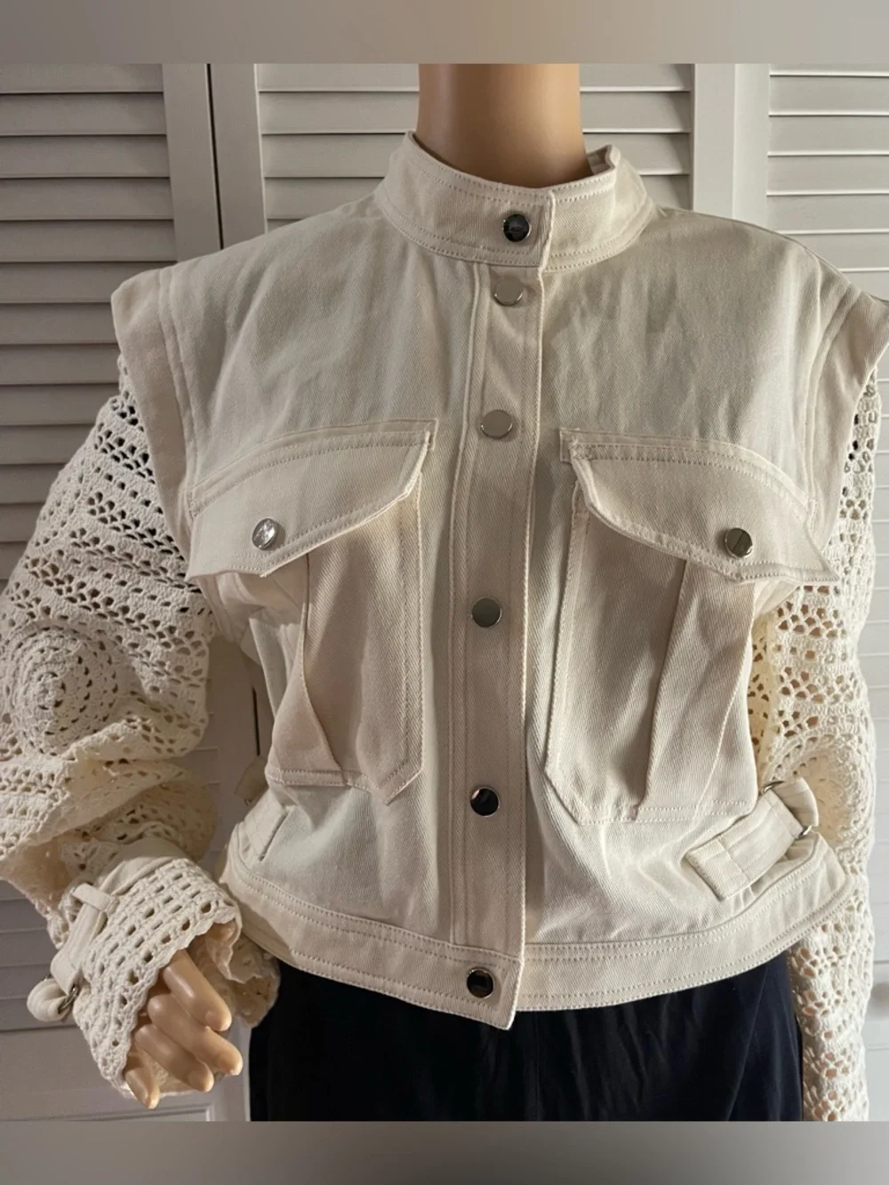Veronica Beard Cream Crochet-Sleeve Jean Jacket - Picture 8 of 9
